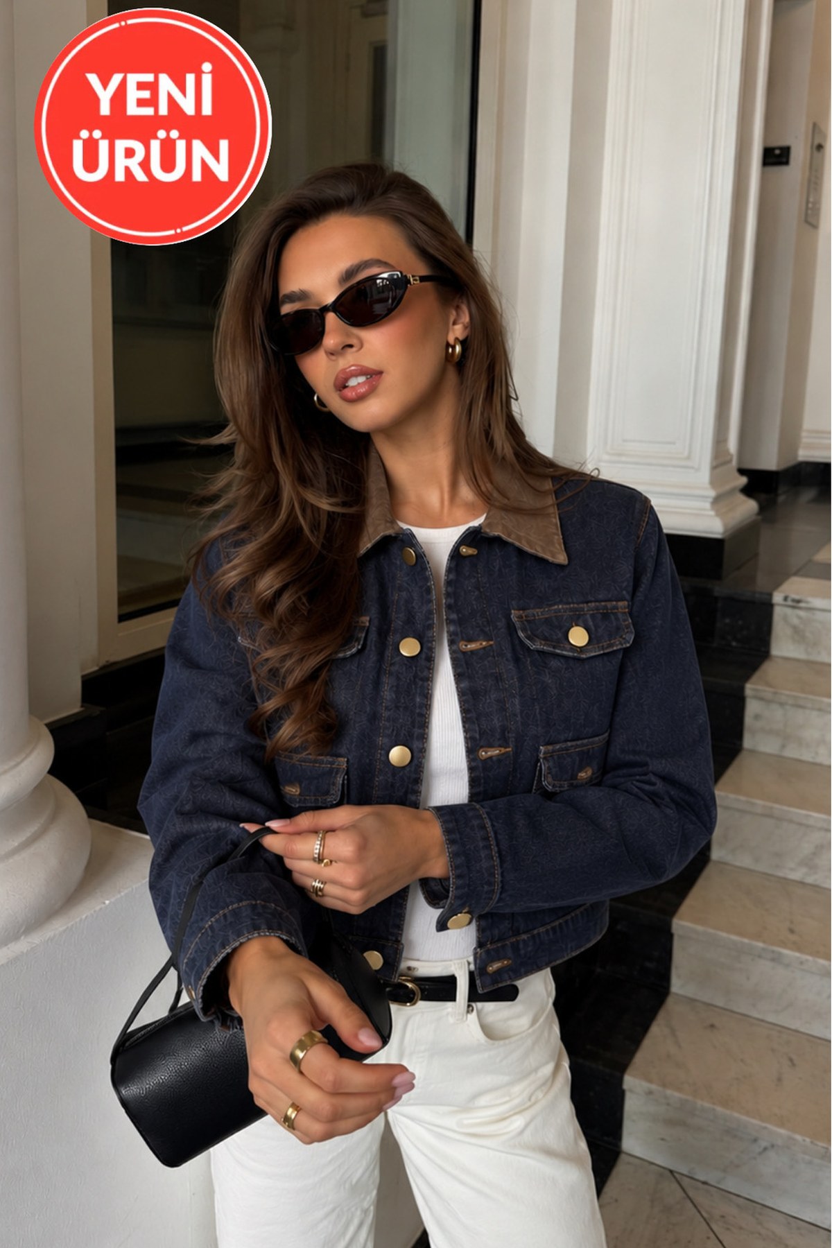 Kadın Koyu Ceket Yaka Detaylı Cepli Denim Ceket - LACİVERT