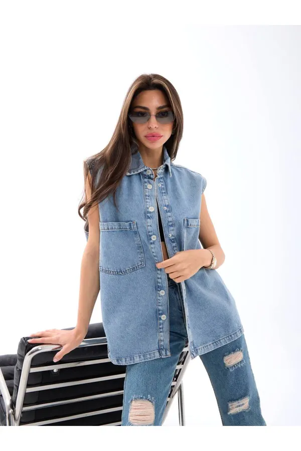 Kadın Çıtçıtlı Denim Yelek Mavi